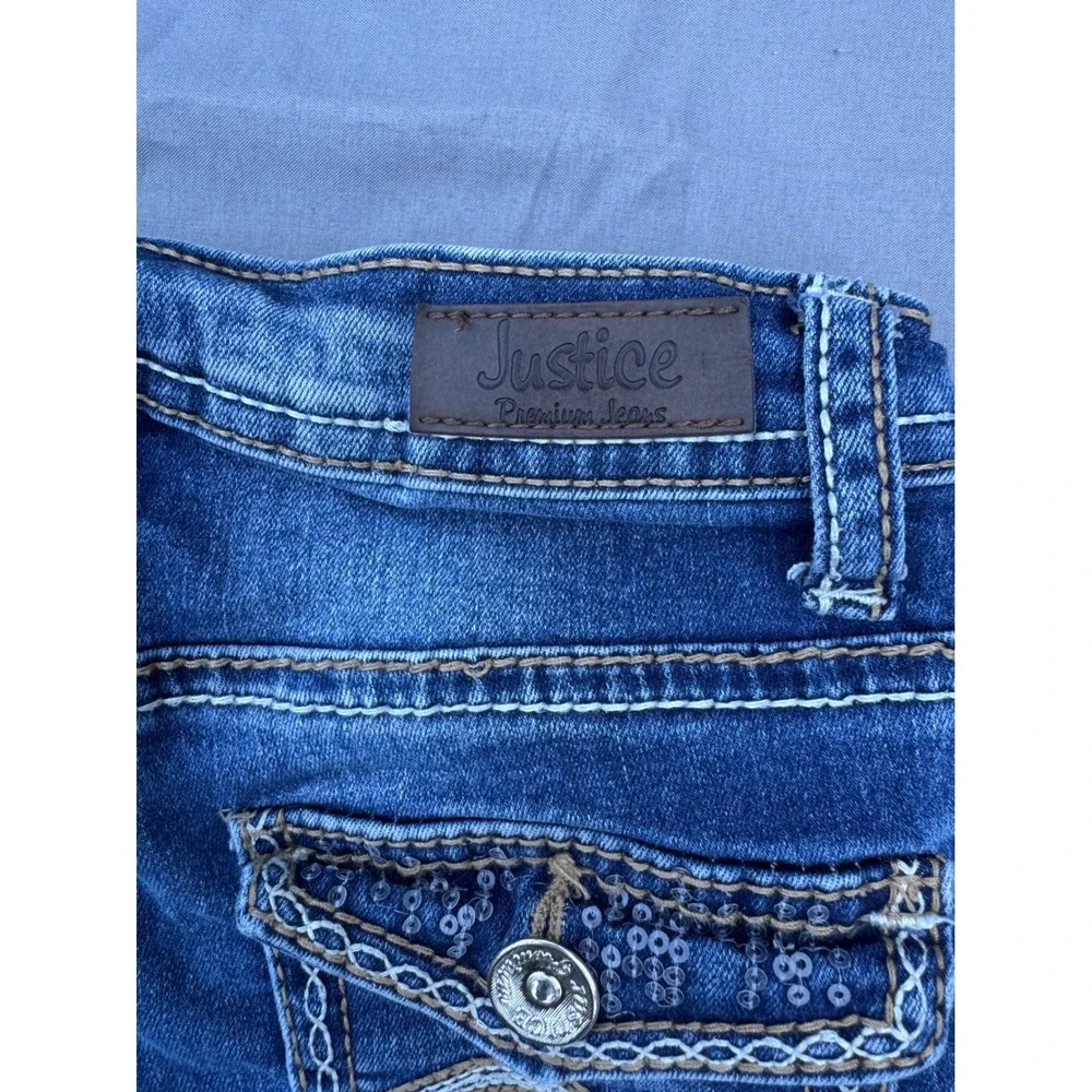 Justice Girls Premium Jeans Dark Wash Sequin Rhinestone Embellished Size 7R Blue